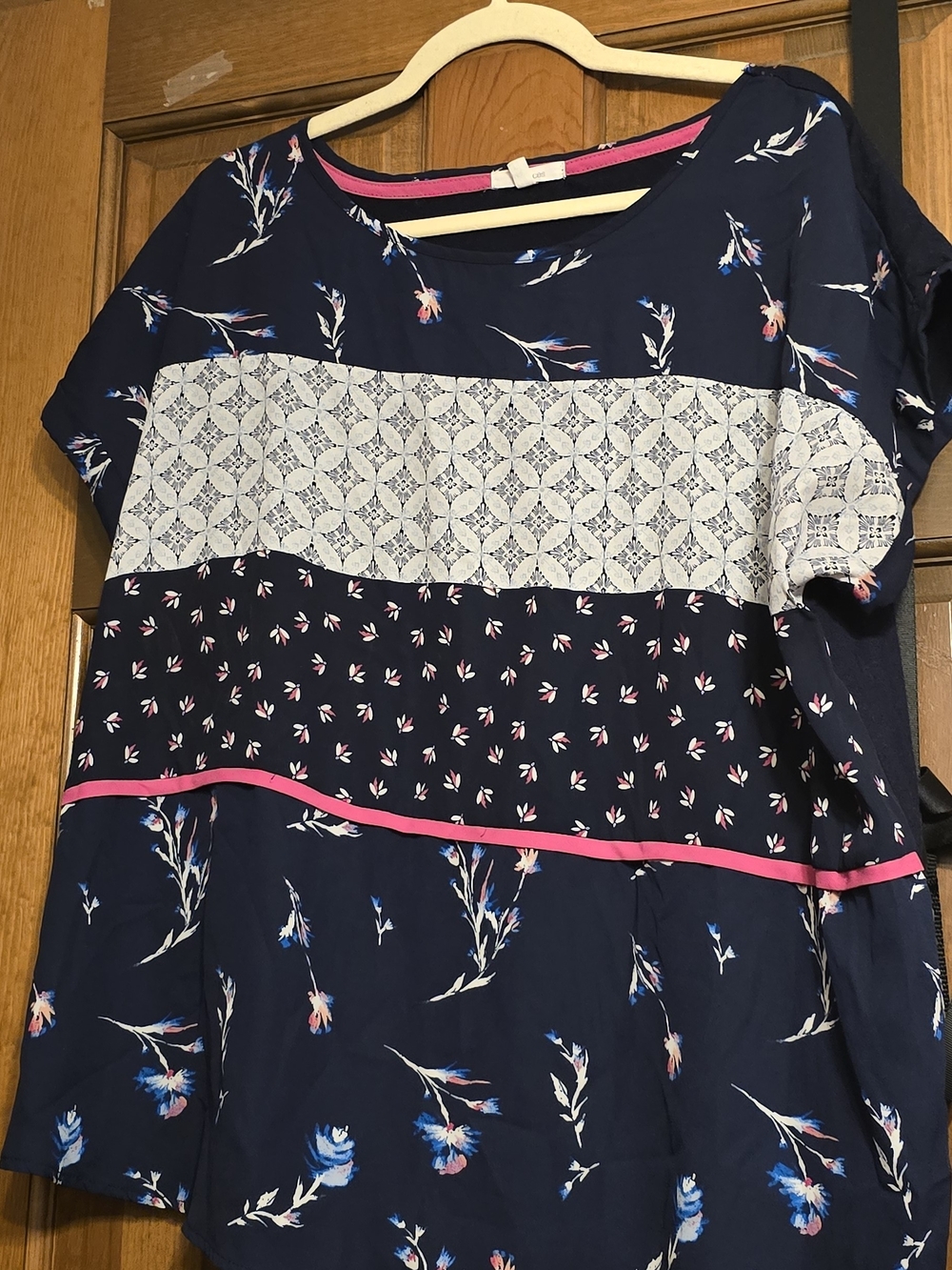 Maurices Navy Floral Top with Lace Panel and Pink Trim